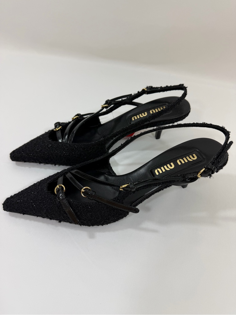 Miu Miu Black Pointed Slingback Kitten Heels with Gold Hardware